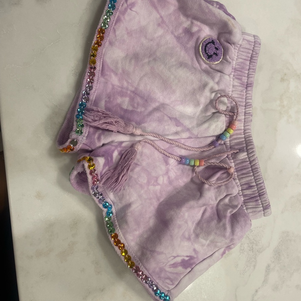 Kids Lavender Tie-Dye Shorts with Rainbow Trim